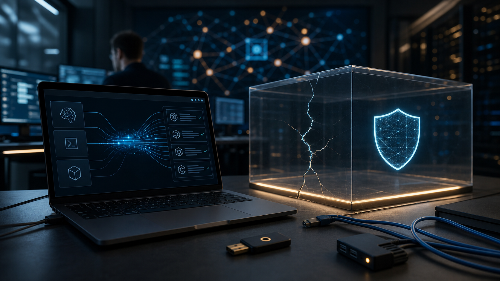 AI-generated cybersecurity lab image showing an AI coding agent sandbox boundary and workstation