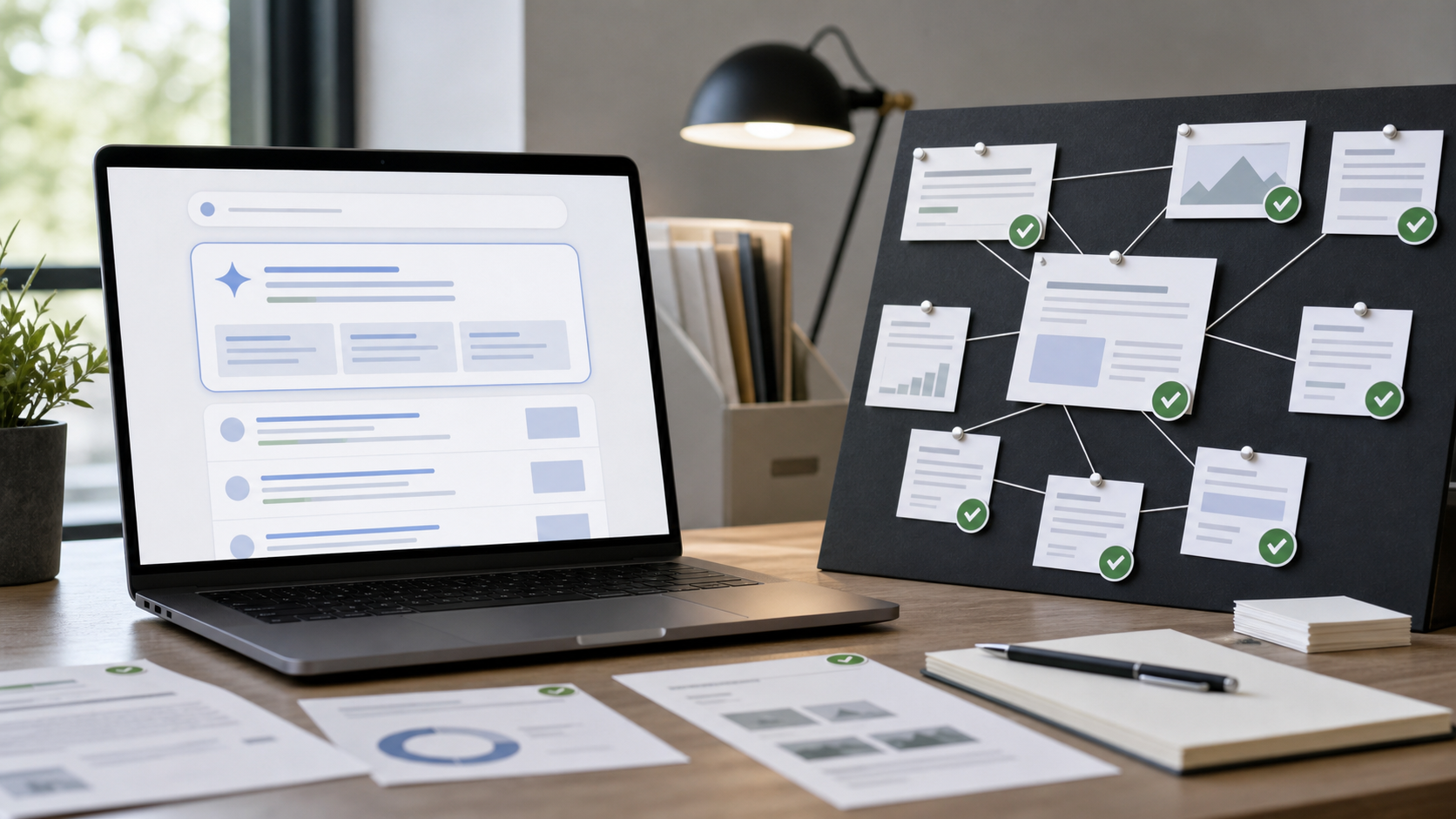 AI-generated analyst workspace image showing abstract AI search result cards and connected source evidence