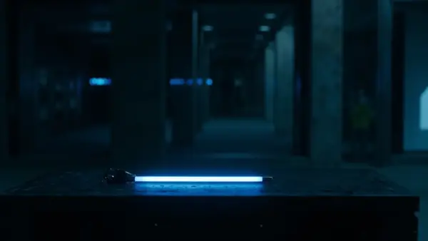 A single wand of cold blue light resting on a dark table, drawn back behind glass, one reserved glow waiting in the dark.