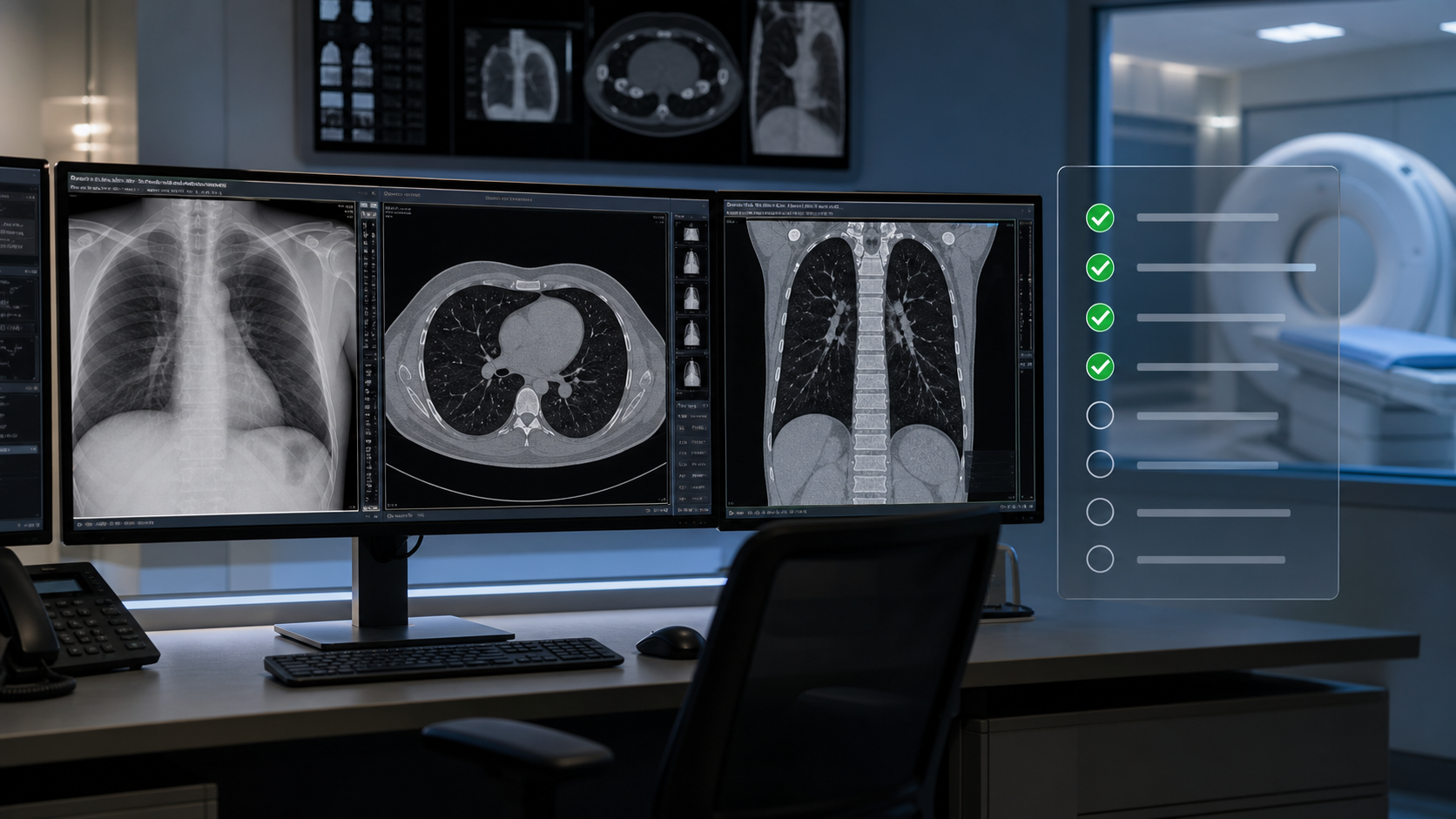 AI-generated radiology reading room image showing AI-assisted imaging review and validation checklist