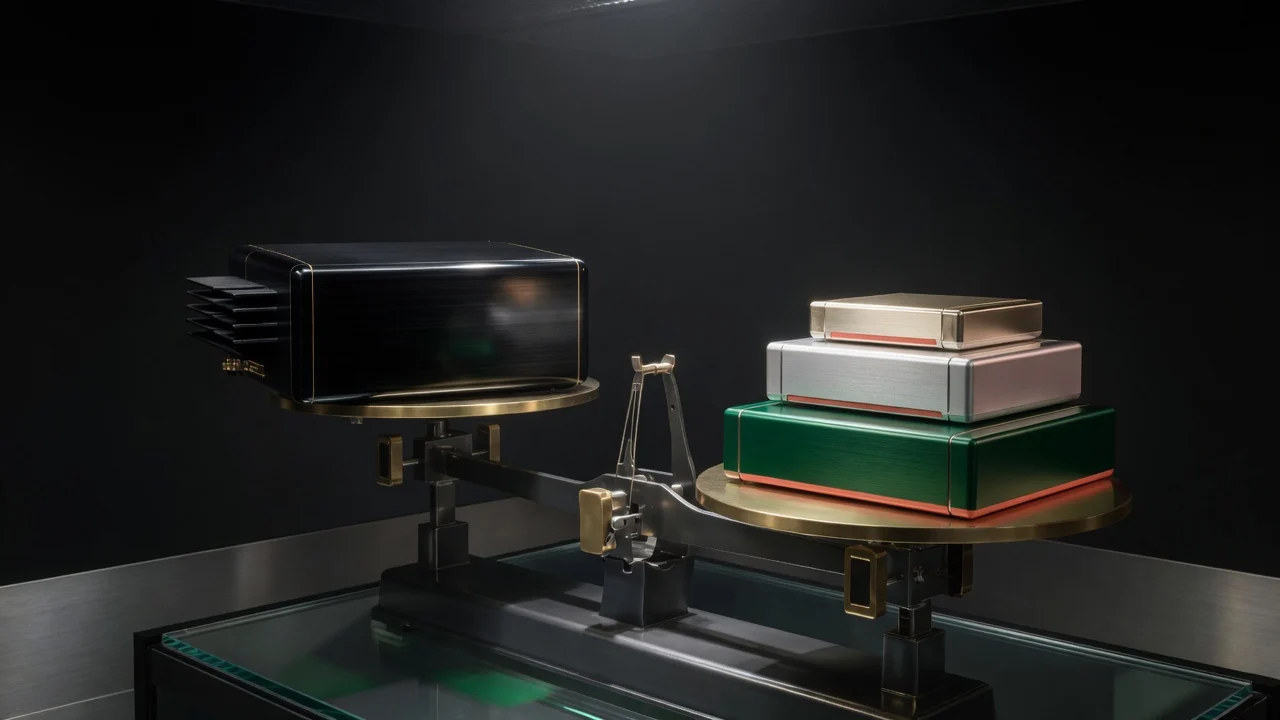 A precision balance weighing one oversized black compute accelerator against three compact GPT-5.6 tiers