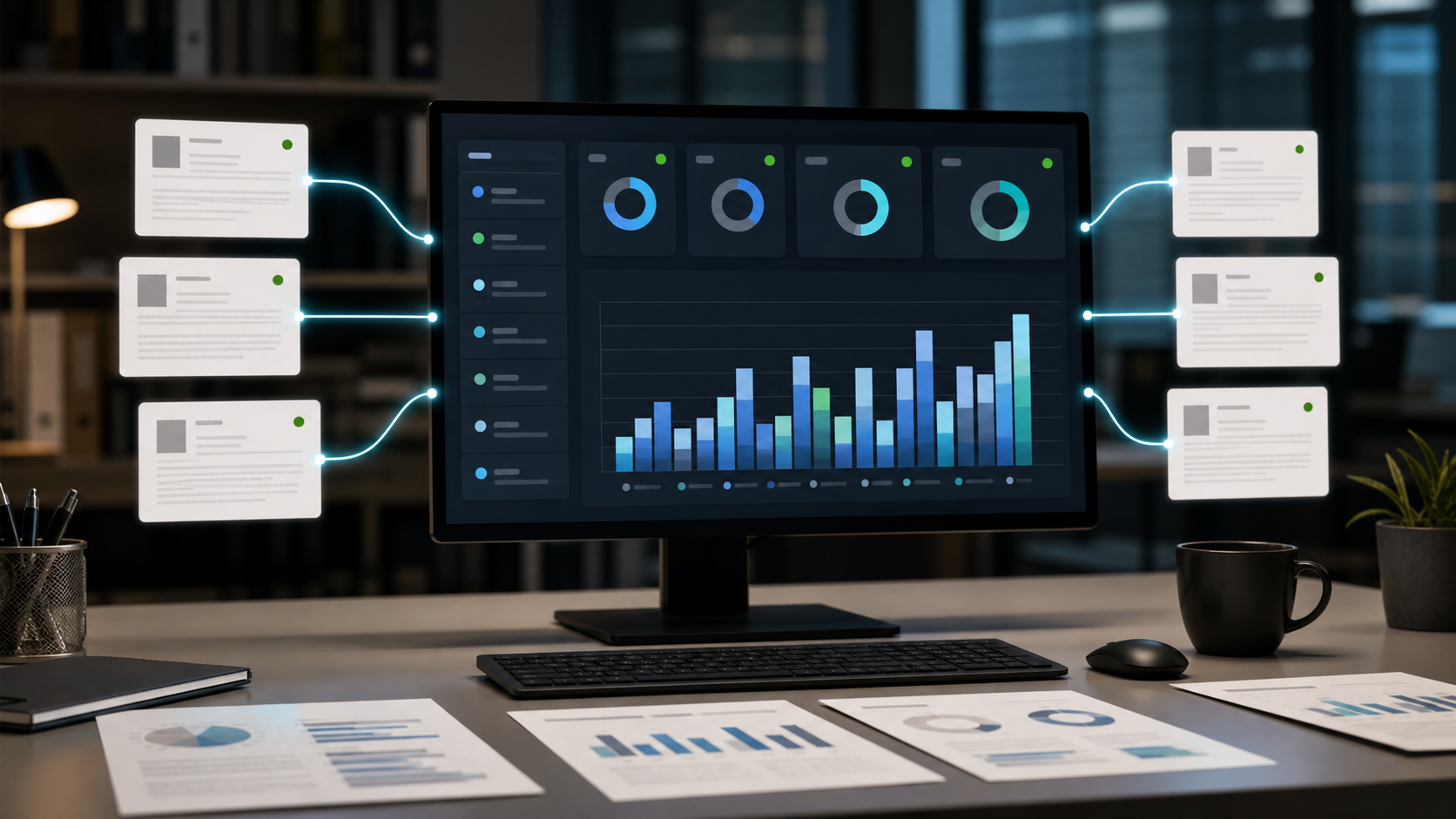 AI-generated analytics workspace image showing AI citation tracking, source cards, and abstract attribution charts