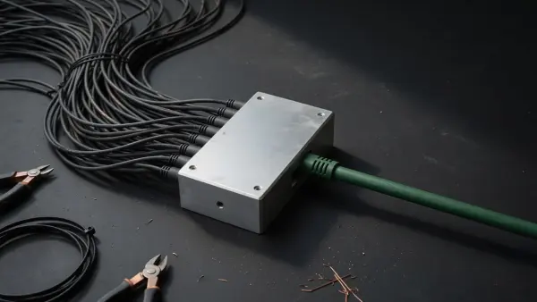 Many black data cables entering a routing block and one green cable exiting