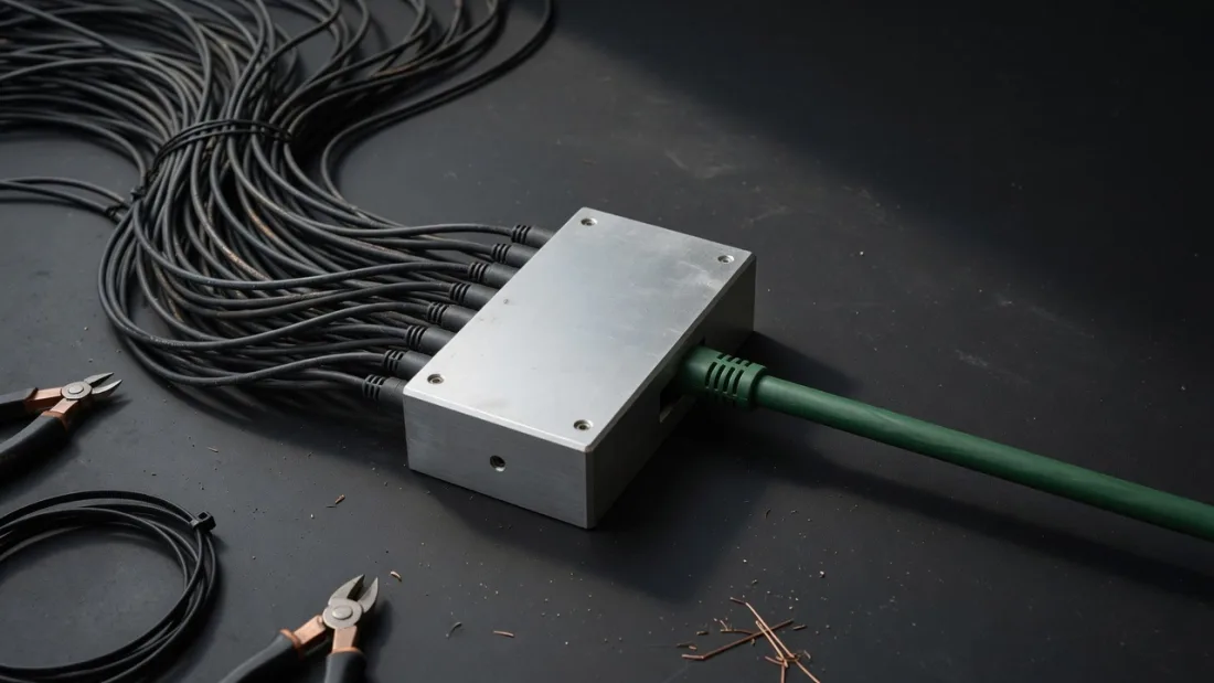 Many black data cables entering a routing block and one green cable exiting