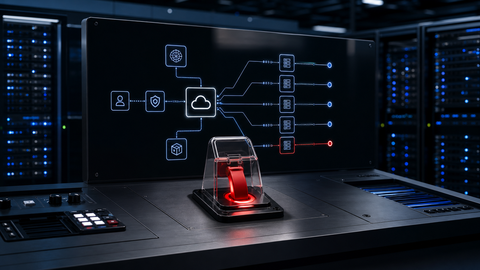 AI-generated editorial image of a red AI infrastructure kill switch on a cloud operations console