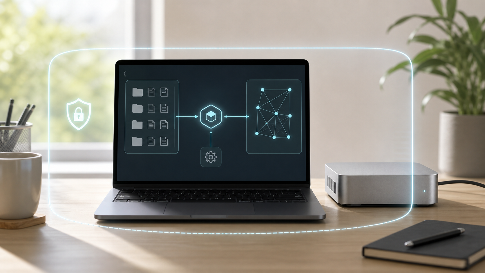 AI-generated developer desk image showing an offline local AI coding agent workstation and privacy boundary